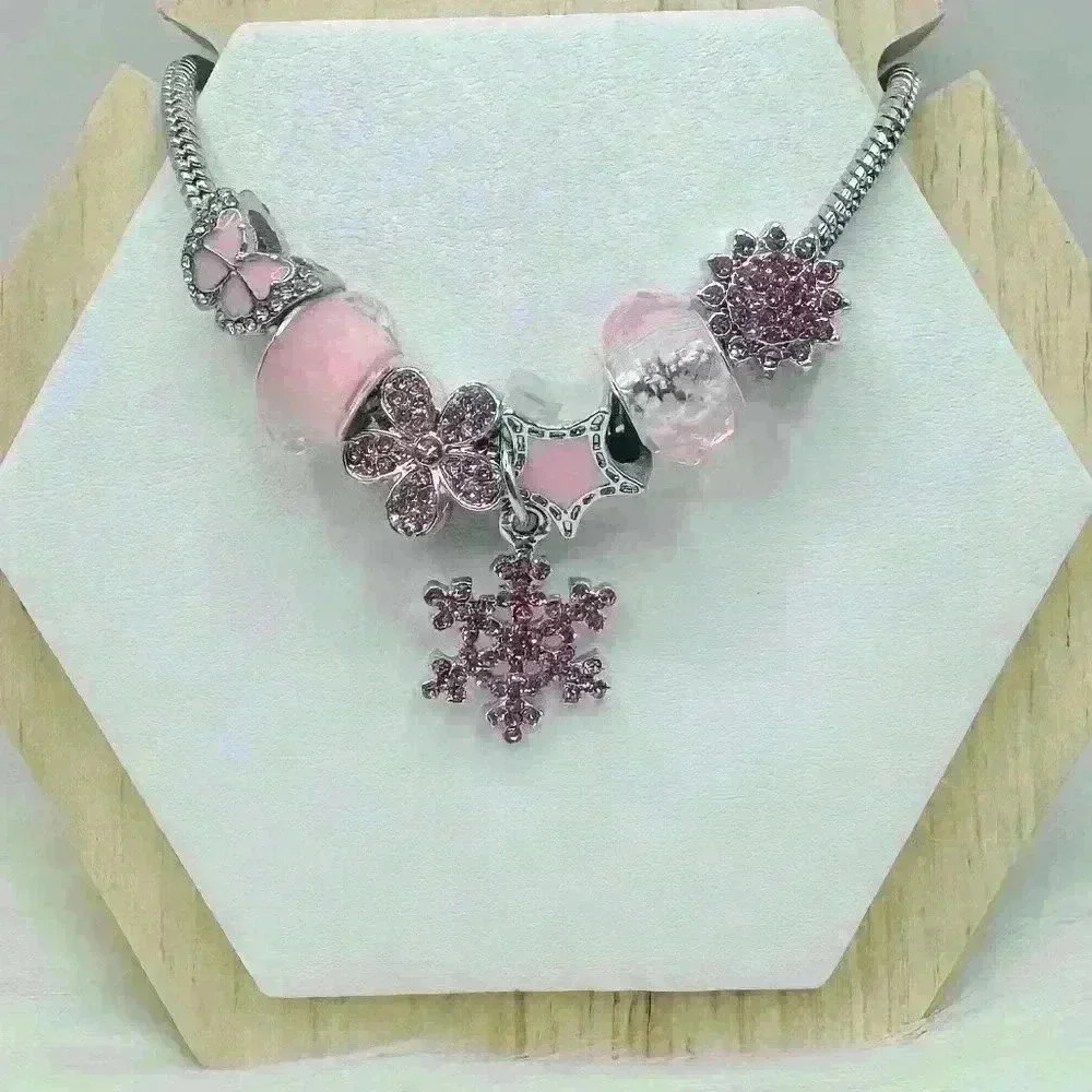 Pink Snowflake & Charms Bracelet with Sparkling Rhinestones